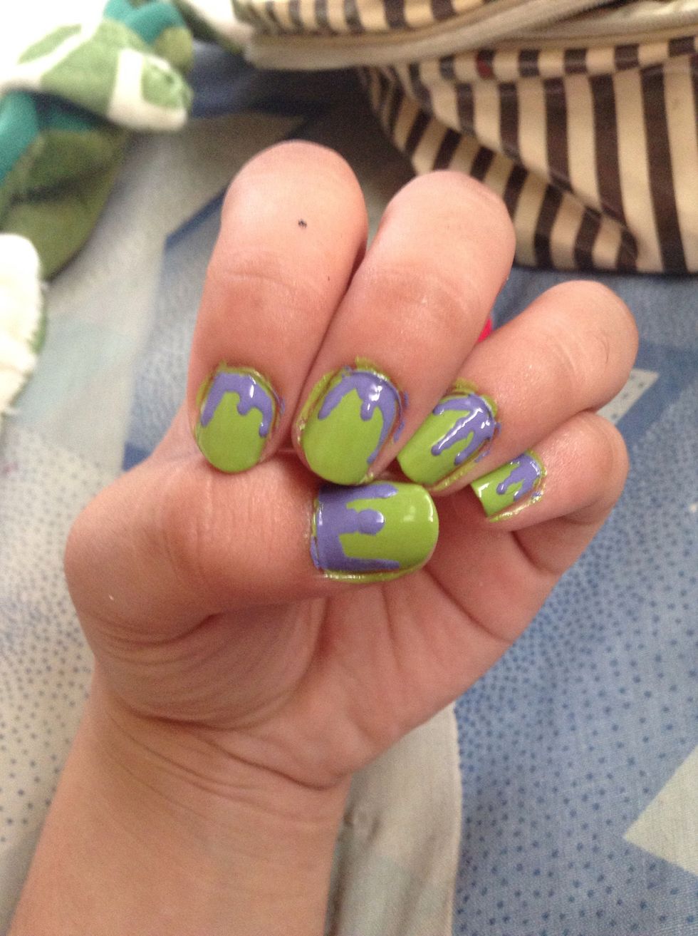 Clean of the sides after you're done with all of your nails. Mine kinda looks like the hulk-ish. Also don't forget to apply top coat- or not. Whatever you like.