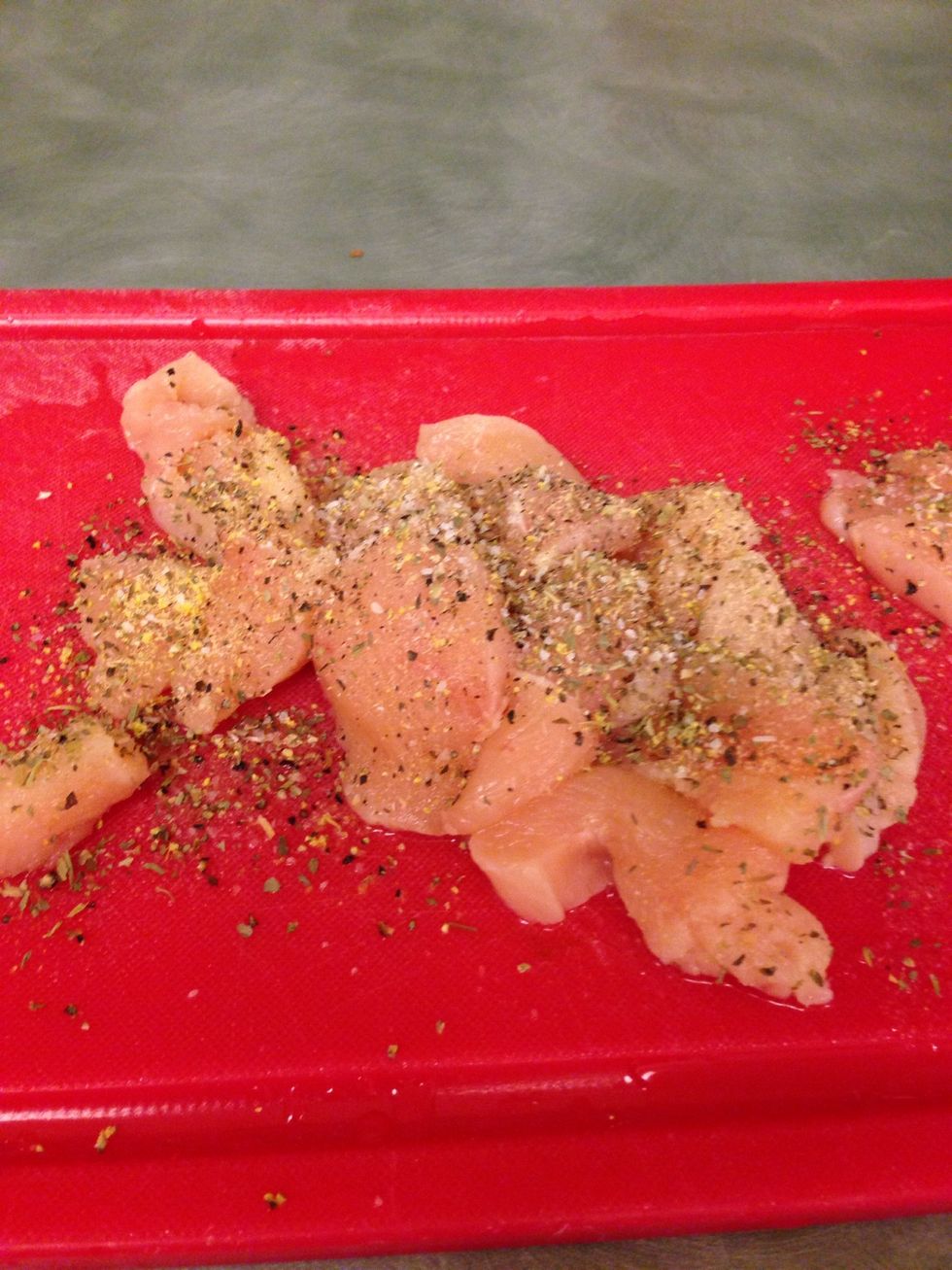 Clean, slice, & season the chicken. I used 1 boneless, skinless chicken breast.