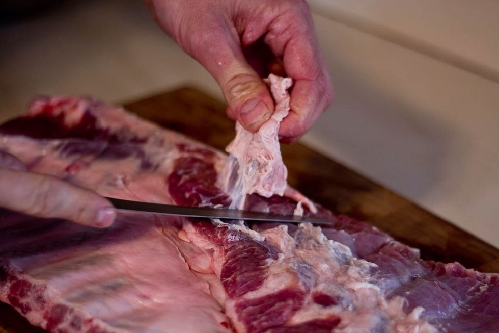 Clean the excess fat off of the ribs. Make sure your using a sharp knife, it makes a difference.