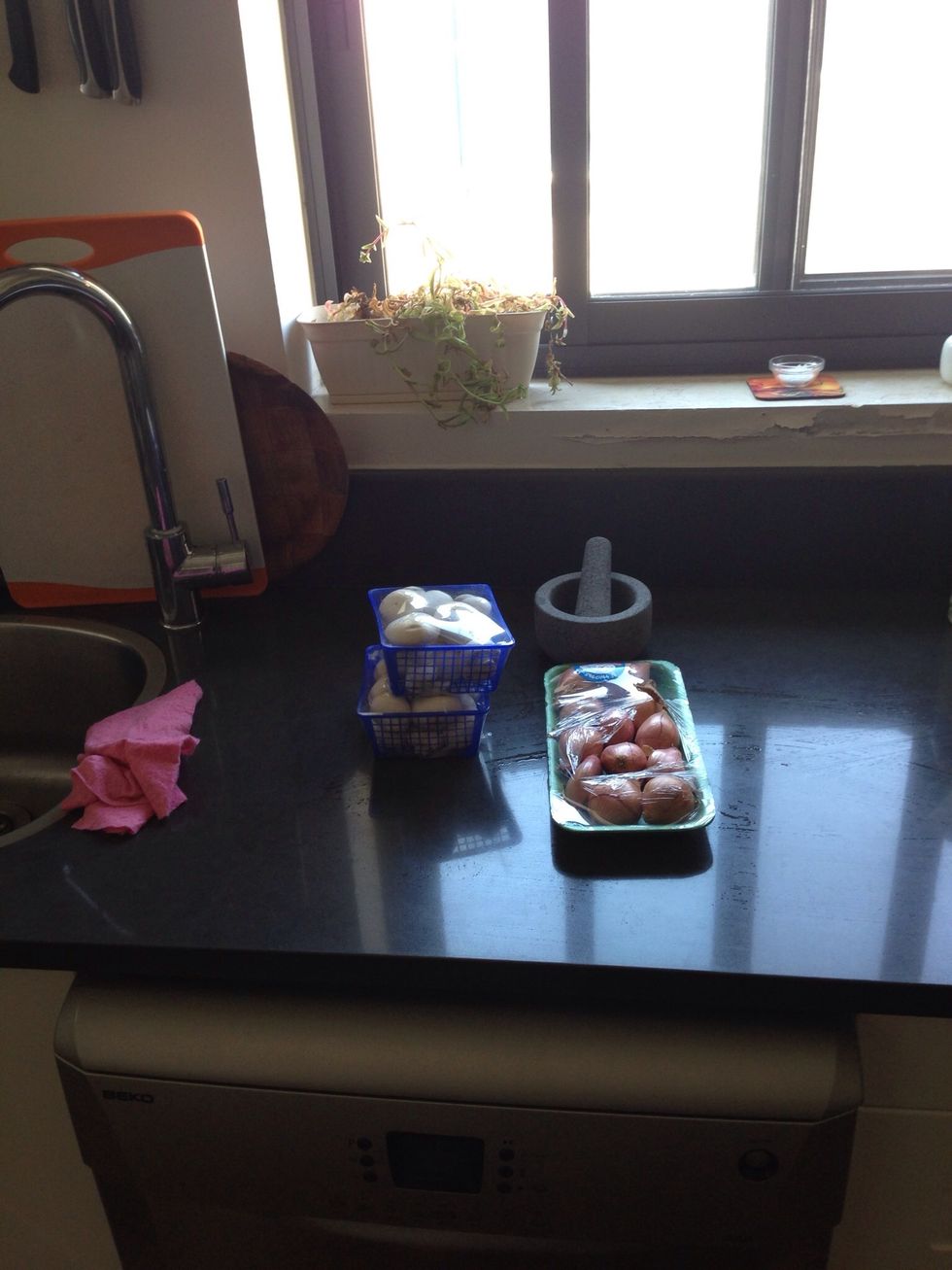 Clean the kitchen up a bit and prep the shallots and mushrooms.