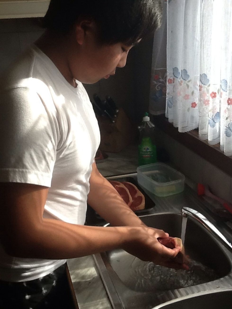 Clean the steak, take the blood out