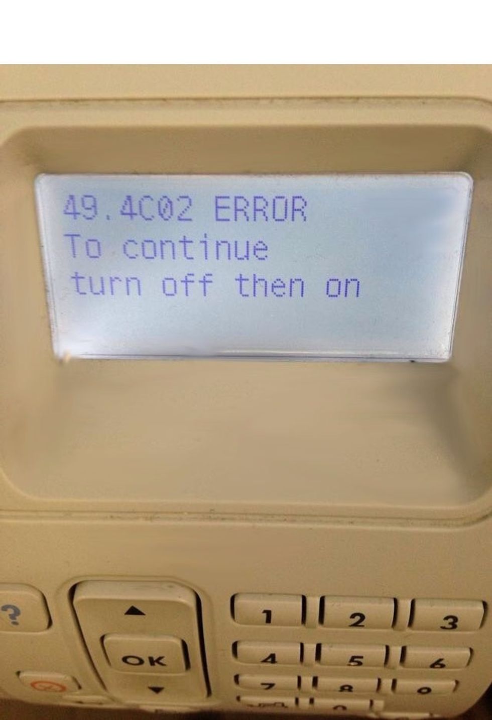 CLEARING 49 ERRORS: This message indicates that a corrupt file (usually PDF) is failing to print. The file will need to be cleared from the printing queue. Start by turning the printer off.