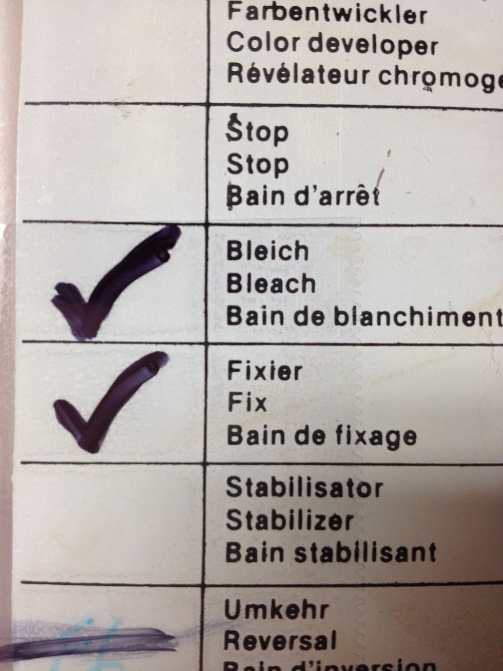 Clearly mark all chemical bottles. You will mark one for Developer one for Blix and one more for Stabilizer. (Blix is short for bleach fix so here I checked both.)