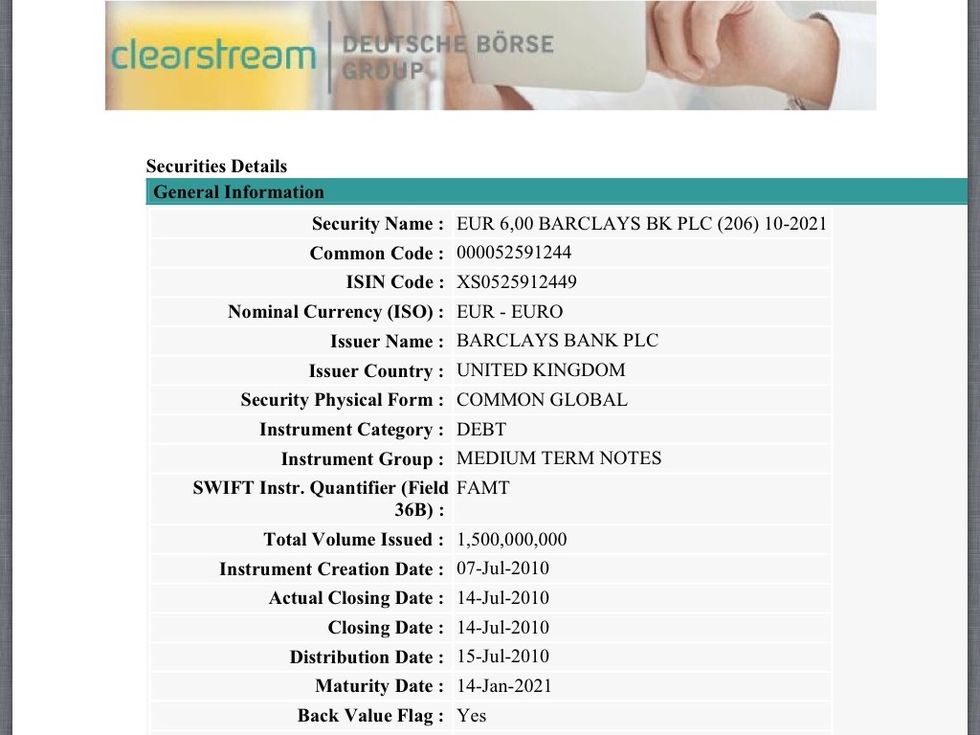 Clearstream confirms details of the ISIN which identifies the origin, maturity date, coupon rate and the specifics about the instrument valuation. Next you want to check if its currently trading.