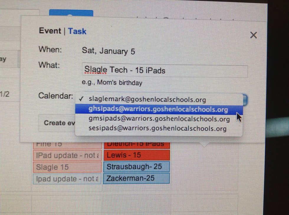 Click a day, enter your name and number of iPads. CRITICAL: You MUST choose the correct calendar, or no one but you will know you've reserved iPads! Click Create event to reserve your iPads.