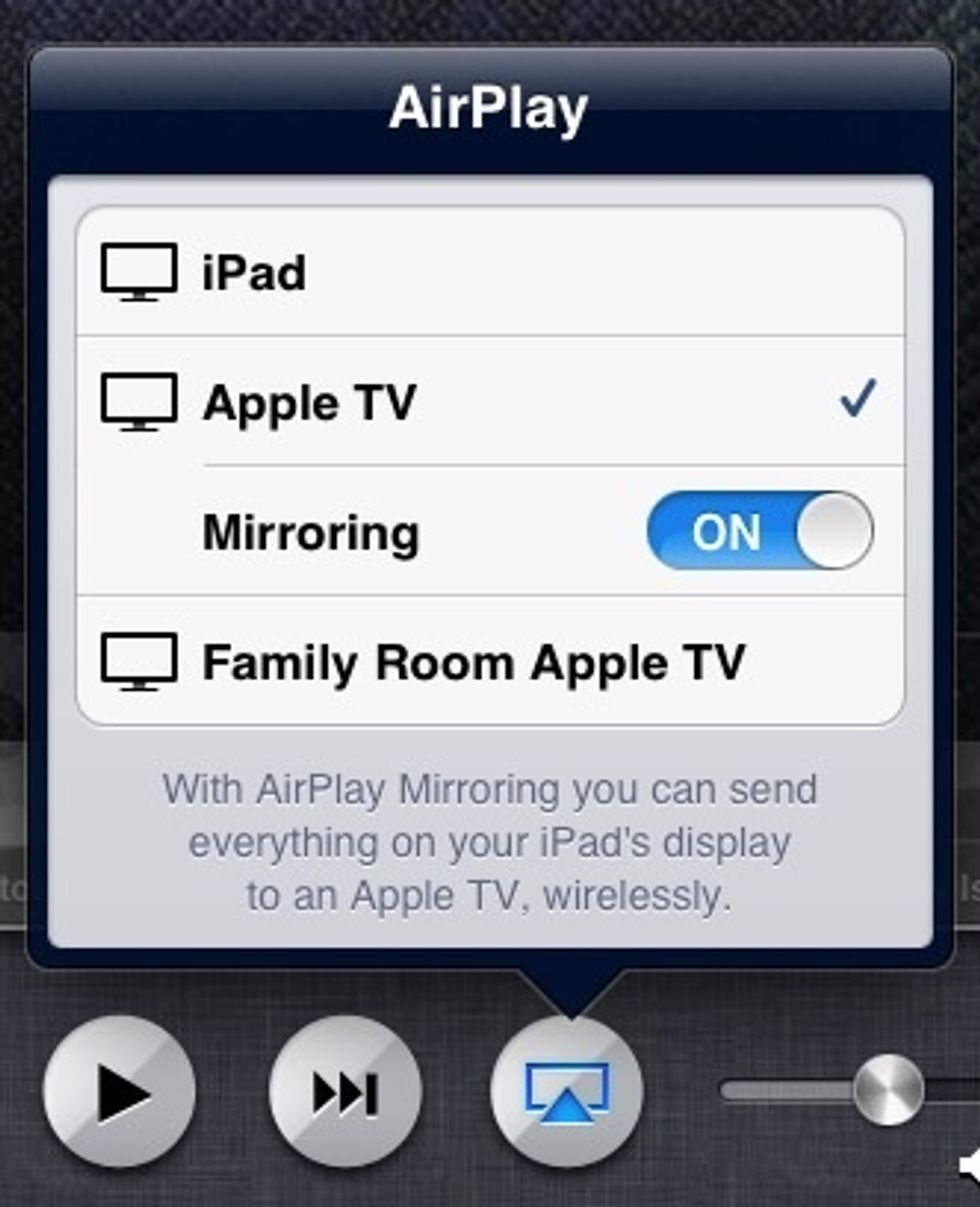 Click Airplay button, Choose Apple TV, then slide Mirror to On