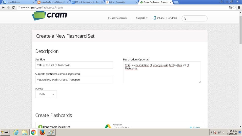 Click 'Create new set' and get ready to create it. Choose a suitable title, a brief description, and some key-words for the set of flashcards. Then, select 'public' or 'private'