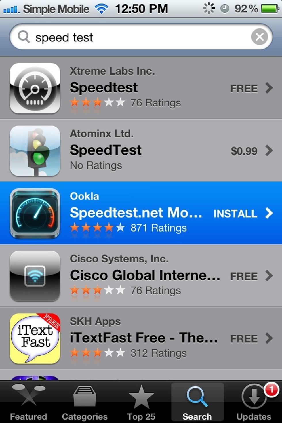 Click in the one shown. (3rd one) It's called "Speedtest.mobile", it's really the simplest fastest and easiest one.