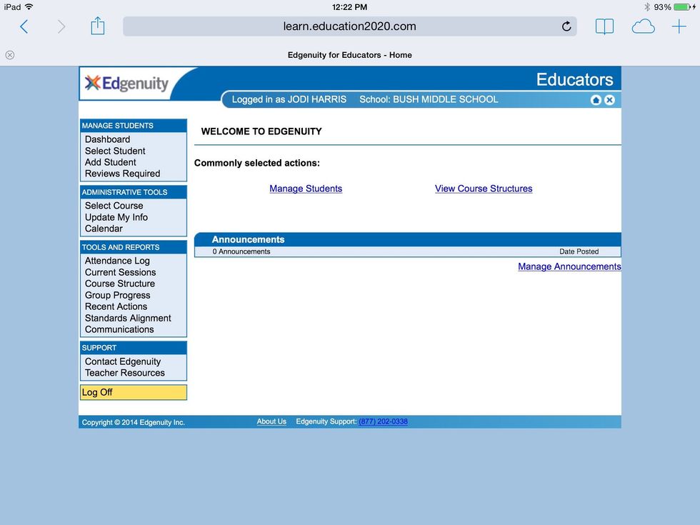 Click manage students in the middle of the page.