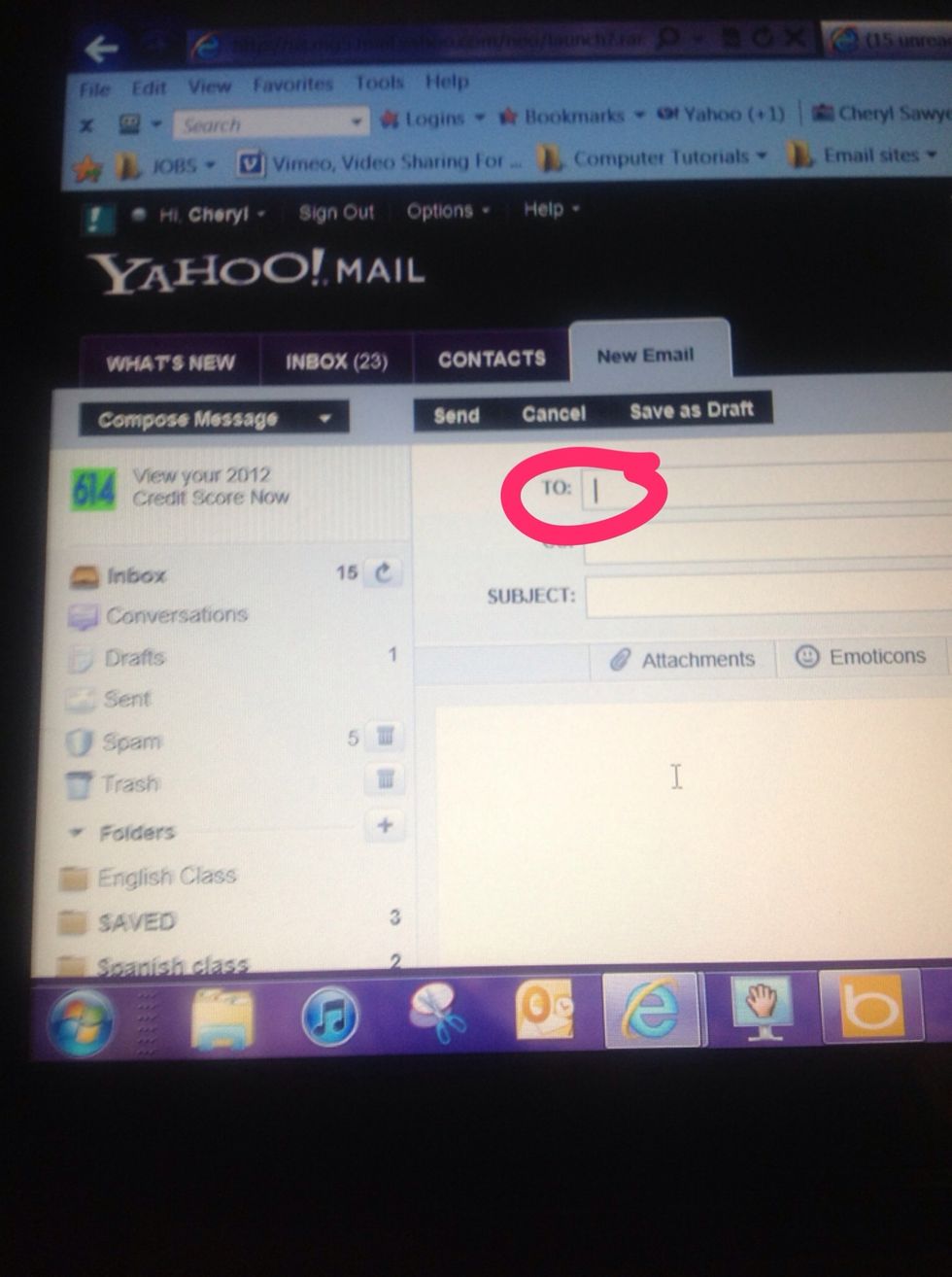 Click next to the TO line and you will see a blinking line. Now type the address of the person you are writing to.