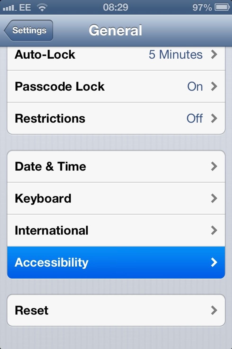 Click on it,and then scroll down till you find accessibility (click on it)