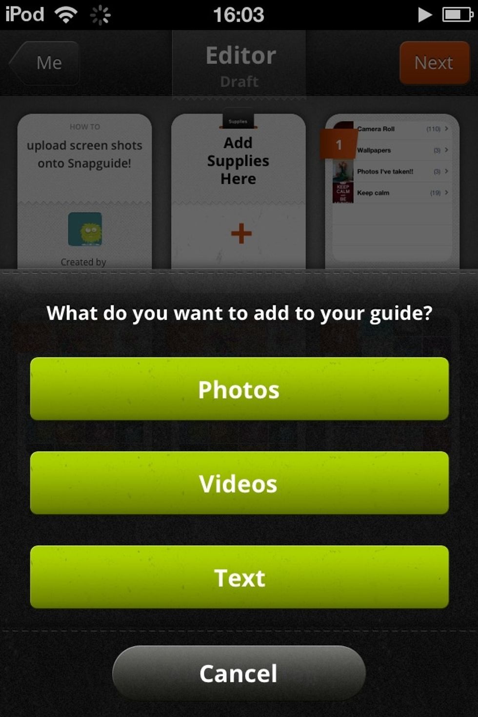 Click on the add button at the bottom of the screen, and click on photos :D