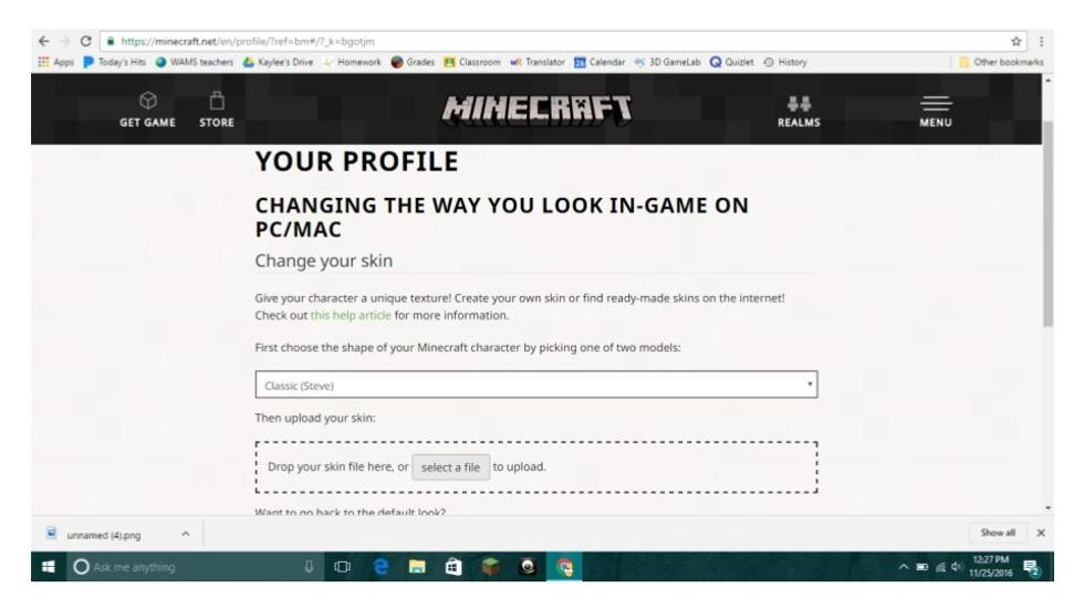 Click on the arrow to the left of Classic (Steve) and choose Classic (Steve). Now either drag your file from the bottom of the screen or click on select a file.
