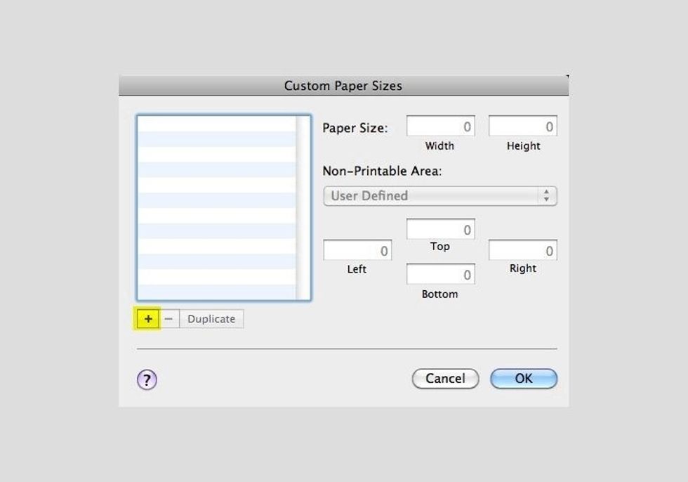 Click on the "+" button on the bottom left of the window to create a new custom paper size for your printer.
