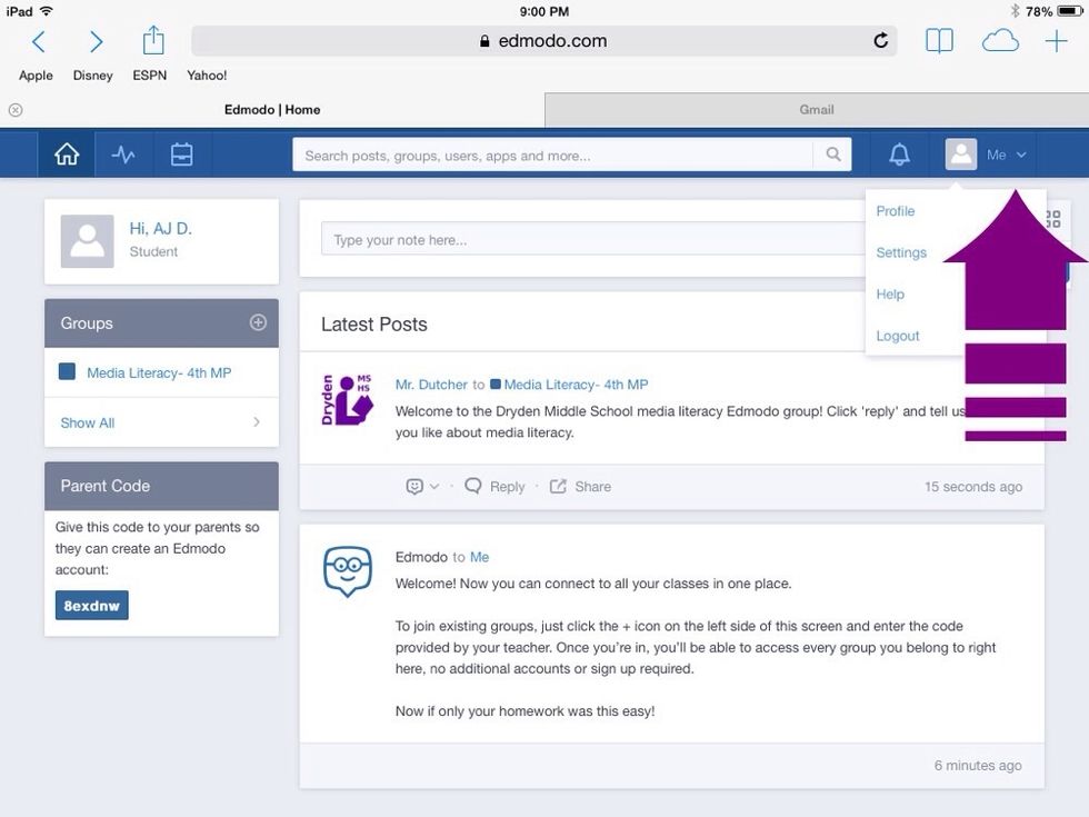 Click on the down arrow next to "Me" for your profile, settings, help functions and logout button. For safety reasons, don't change you user photo. You may change the color. Log out when you are done.