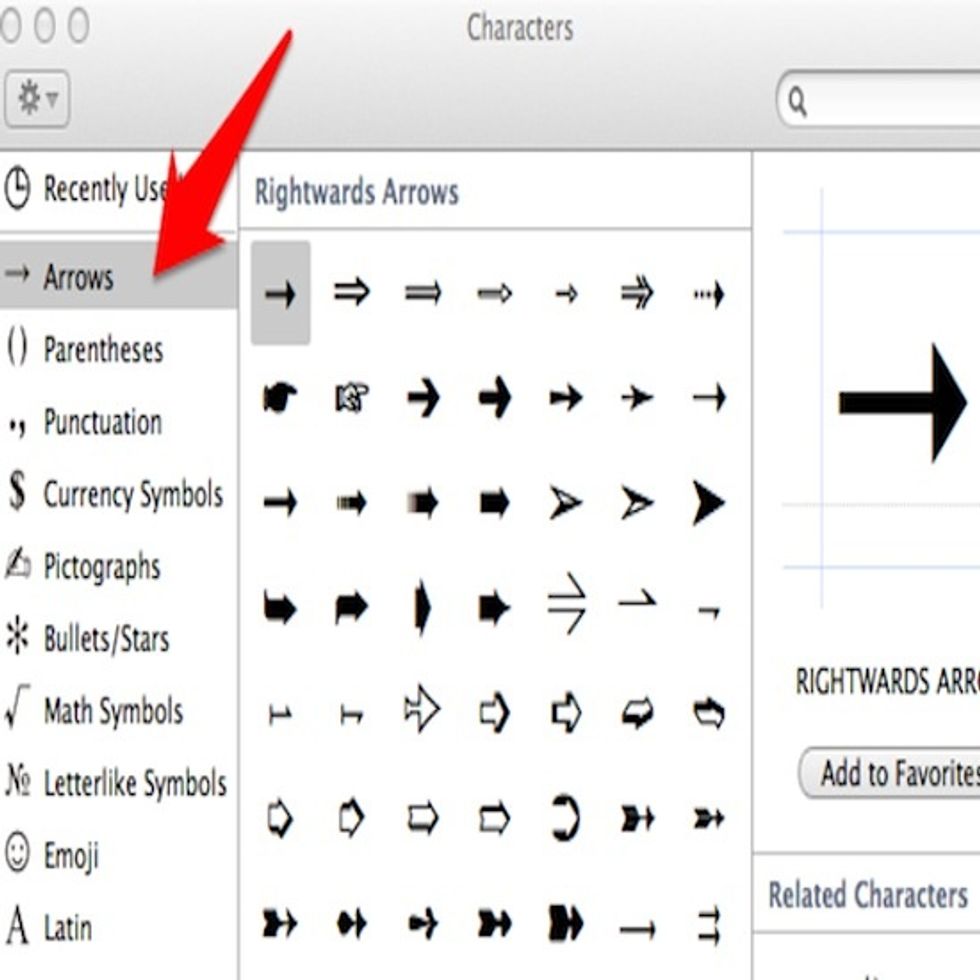 Click on the icon along the top to bring.up the characters menu. "Arrows" will be the first option. Double click to add to a page or email message.
