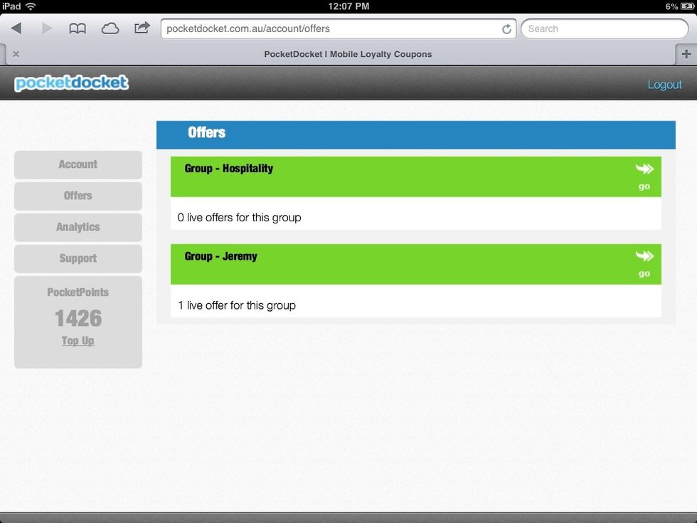 Click on the offers tab in the left menu. You will see a list of your groups as well as how many live offers each group has. To view, create, edit or delete individual offers, click on the group.