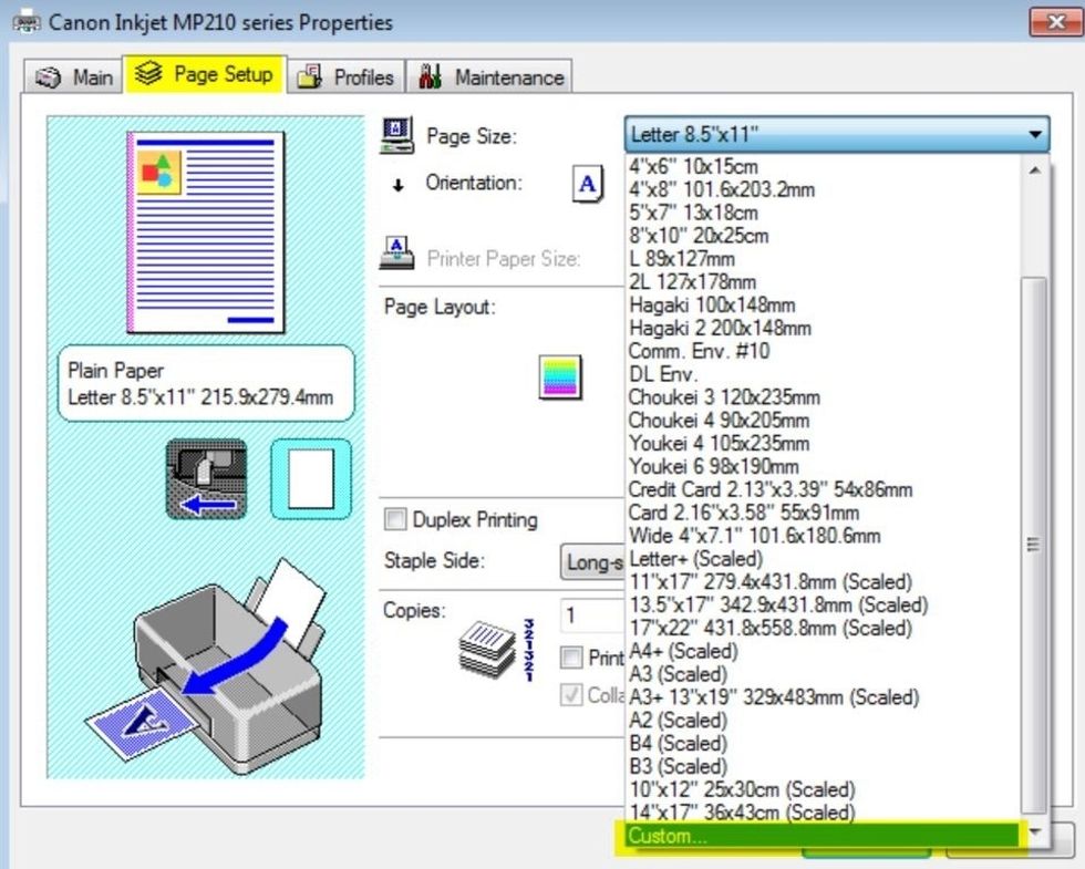 Click on the "Page Setup" tab at the top. Then choose "Custom..." in the "Page Size" pulldown menu.