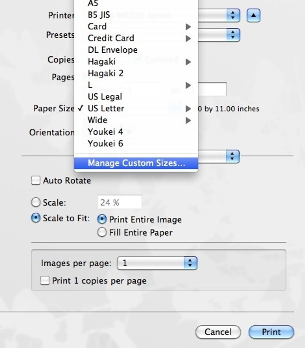 Click on the "Paper Size" pulldown menu and select "Manage Custom Sizes".