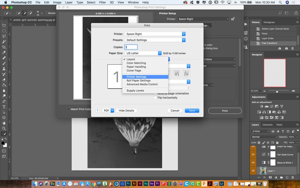 Click on the pulldown menu that says Layout. Go to Printer Settings.