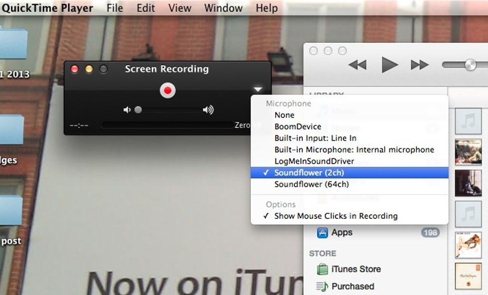 Click on the Quicktime input device for your screen recording and select Soundflower.