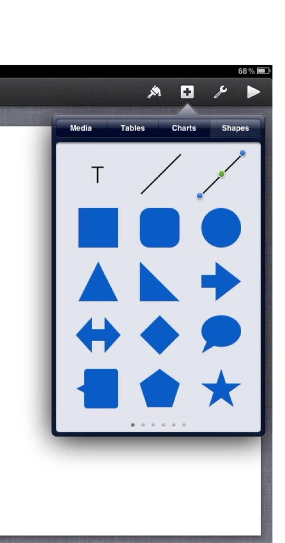 Click on the second symbol (the plus in the square) , then you will see four different sections at the top of the tool bar that appears , (Media - Charts - Tables - Shapes )