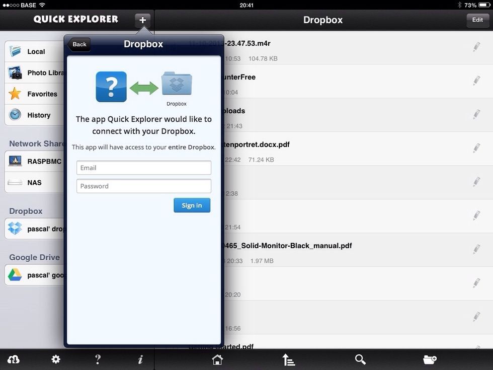Click on the + sign to add a cloud storage, select dropbox and insert your account info. The free version allows 1 cloud storage location.