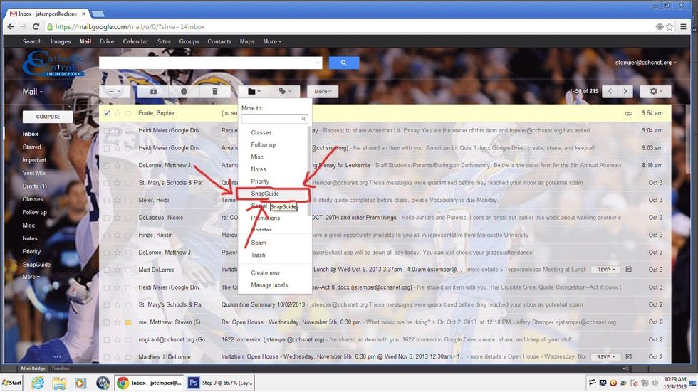 Click on the small black folder icon. Then scroll down and you should see the name of the label that you've just created.