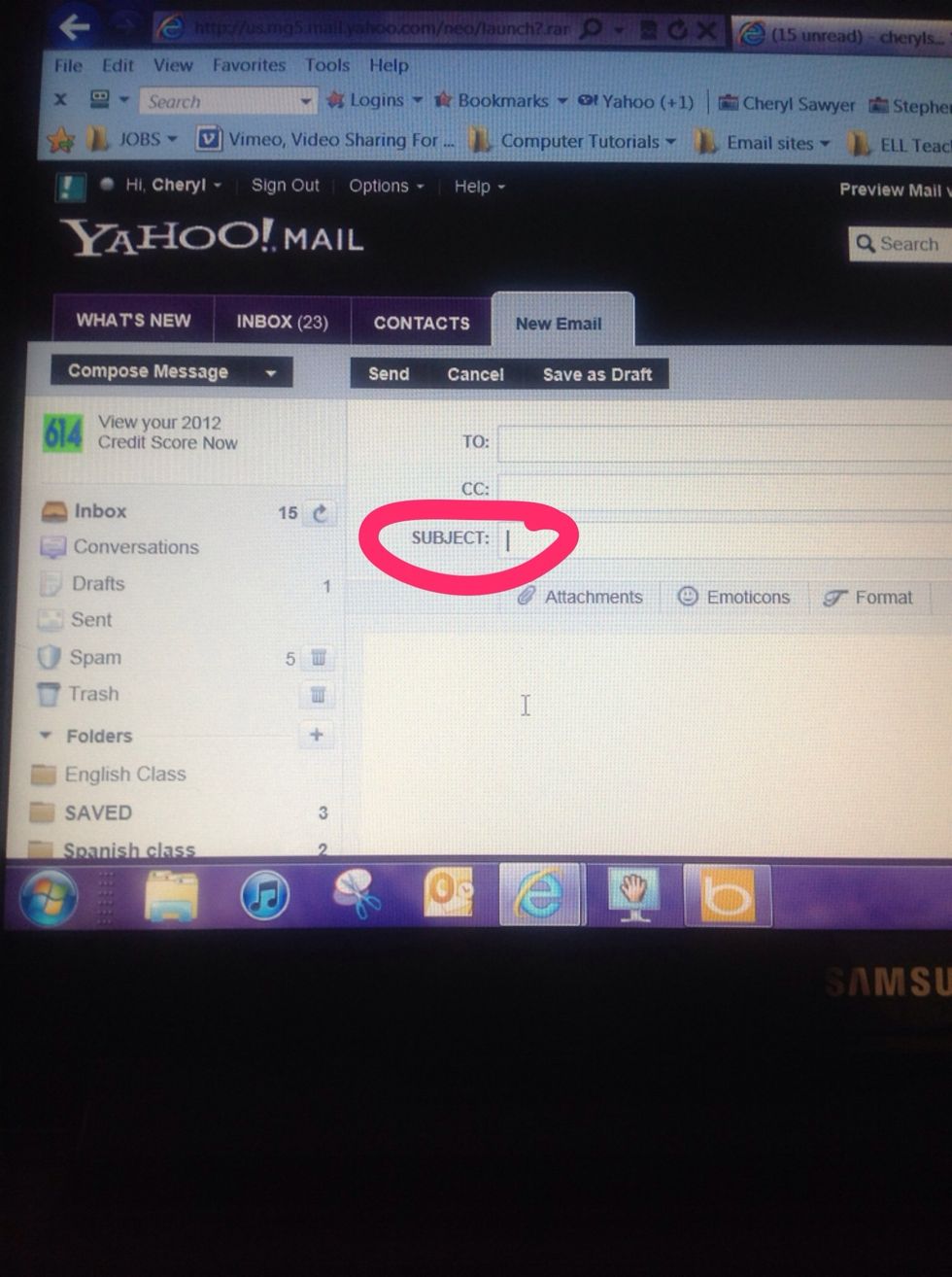 Click on the SUBJECT line. You will see a blinking line and then you will type one word like Hello.