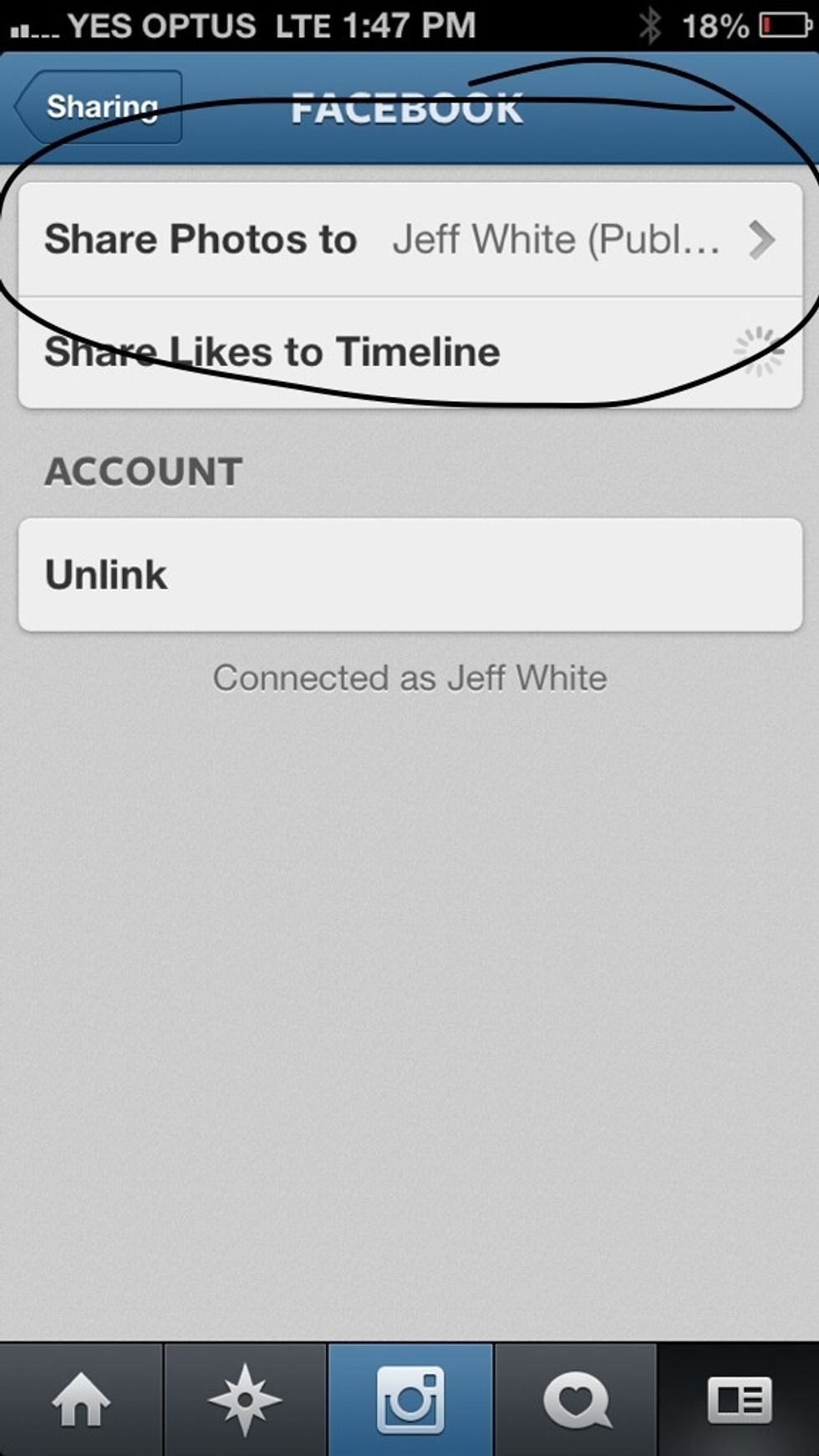 Click on the top button 'share photos to' your personal name should then appear. Once you click, the link through the Facebook app will begin.