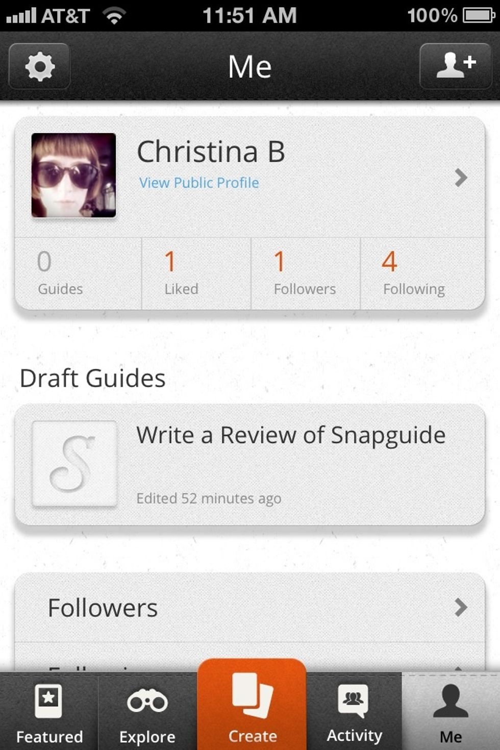 Click on the \u2018me\u2019 tab at the bottom of the screen. Notice the design and UI -- a pleasant, perhaps slightly excessive drop shadow behind the sections on the page. Edit & explore your profile.