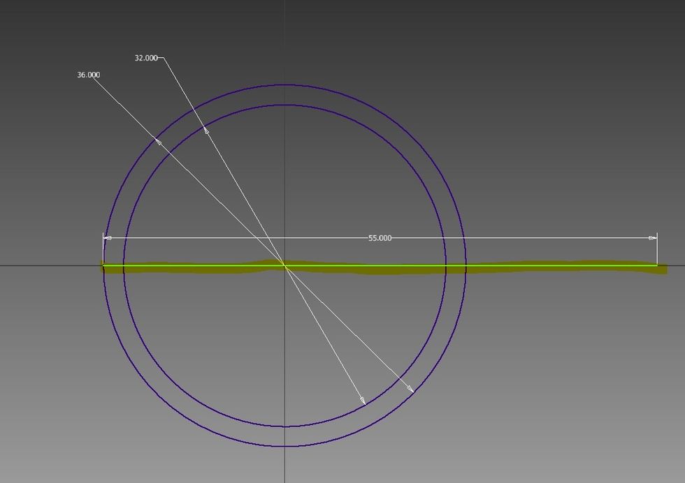 Click on the x-axis where the outer circle crosses it and use the dimension tool to make a line that is 55 inches long