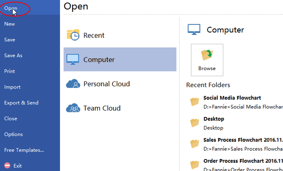 Click Open to Open a Flowchart