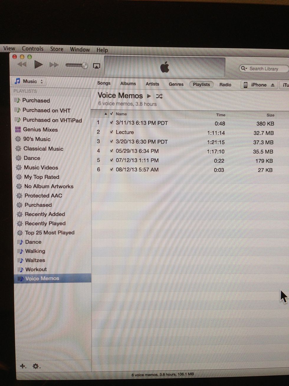 Click "Playlists" and you'll see "Voice Memos" as one of playlists, and all of your voice recordings listed in that playlist.