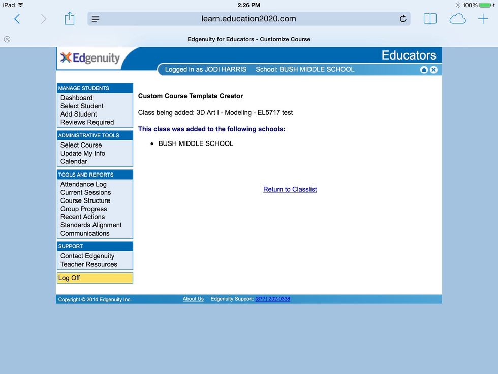 Click return to class list.