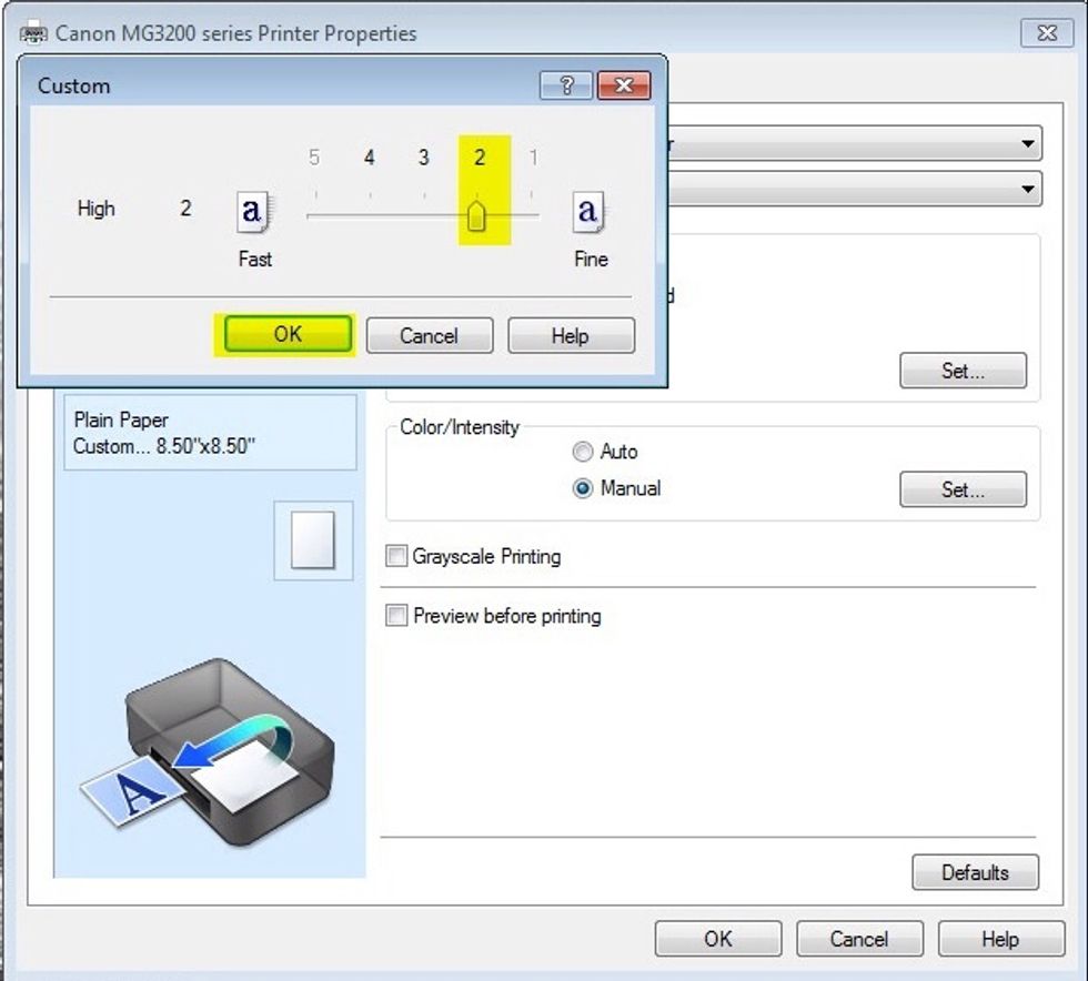 Click "Set" next to "Custom" under "Print Quality" and choose 2 or 1 (fine). Press OK to save.