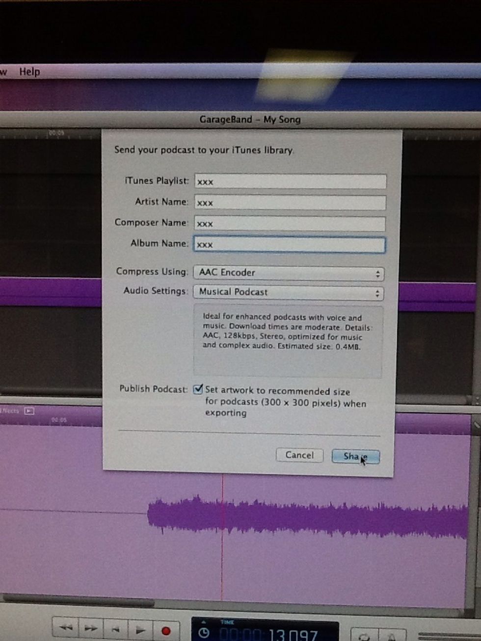 Click "Share" and then the song should appear in your iTunes Library