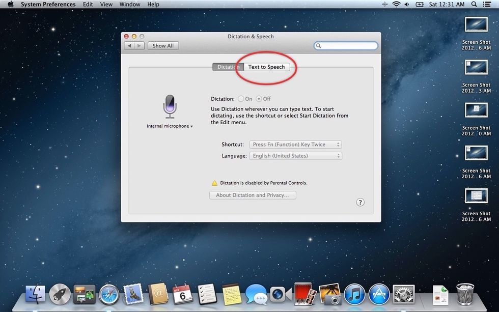 Click "Text to Speech" tab at the top. (While you're here, feel free to turn on the Dictation function. Allows you to speak words into text on any page using the Fn key)