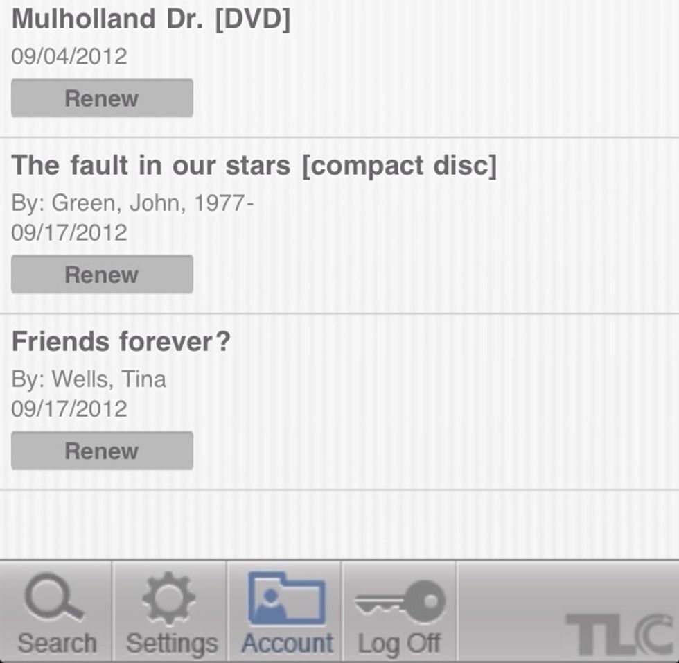 Click the account tab to control your hold items, view your fines, and renew your books!