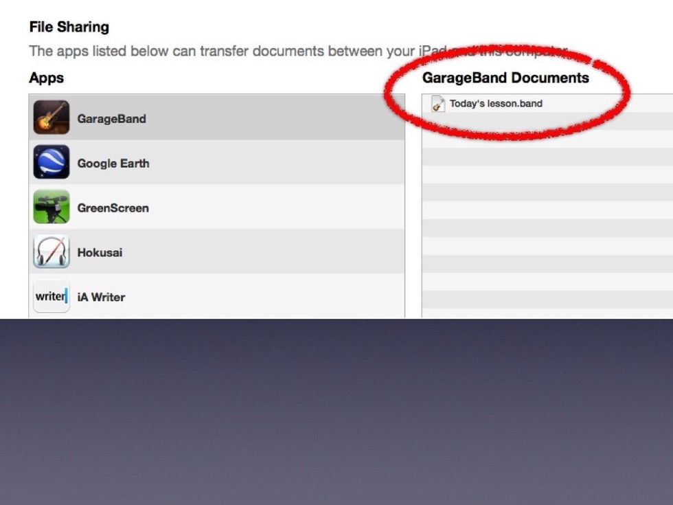 Click the Apps tab for the teacher iPad, scroll down to 'File Sharing' and select GarageBand - the template project should appear