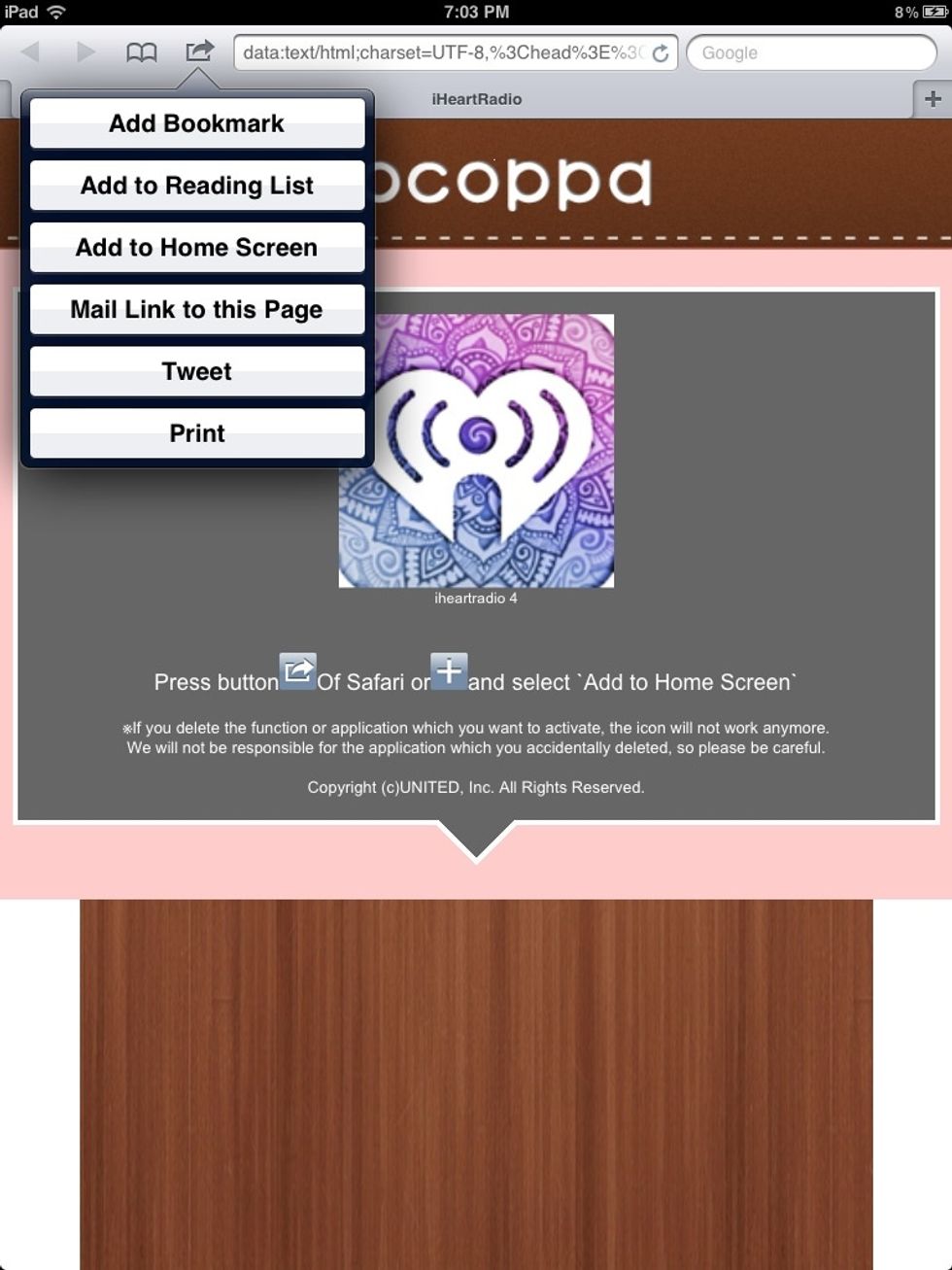 Click the arrow on the top as shown,then click add to home screen.