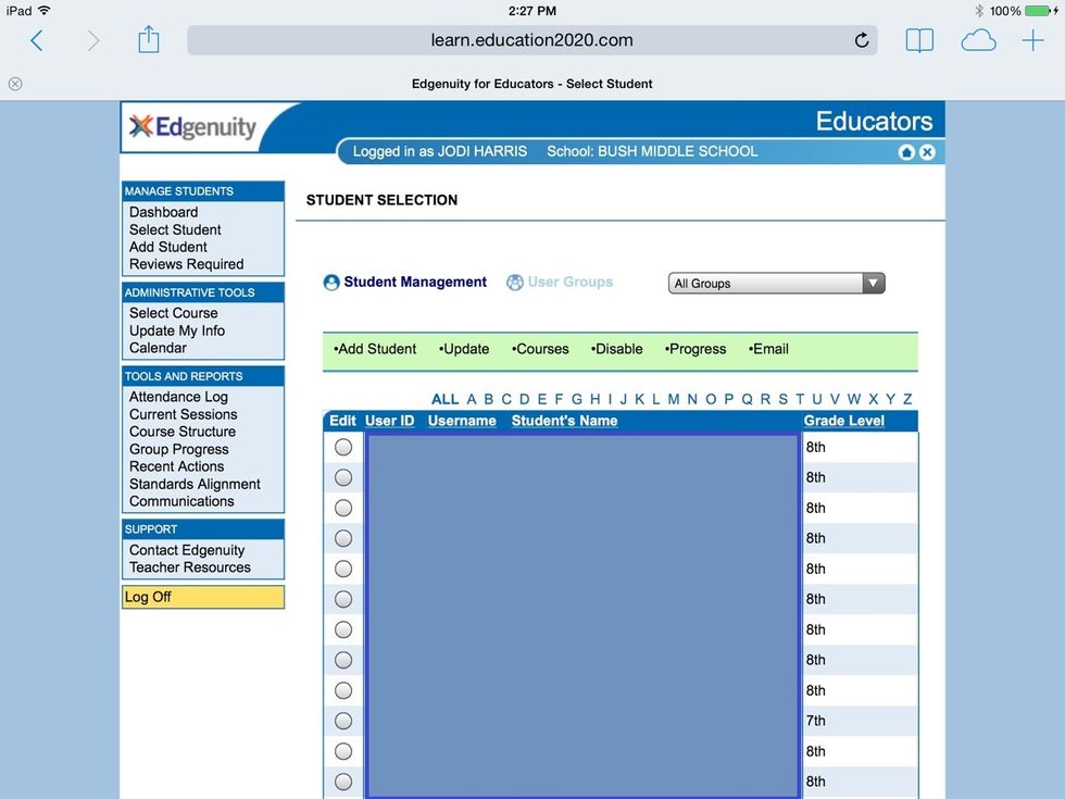 Click the baby blue user groups again.  Click the pull down and pick your group.  Click a student.