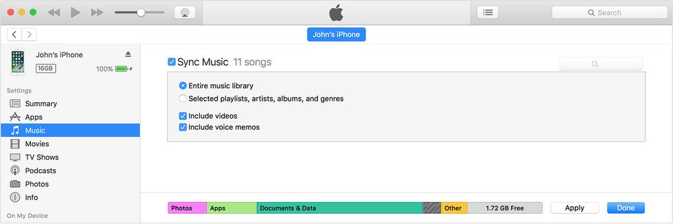 Click the content tipe In the main iTunes window, click the box next to Sync to turn on syncing for that content type. If there's a check in the box, syncing for that content type is already on.