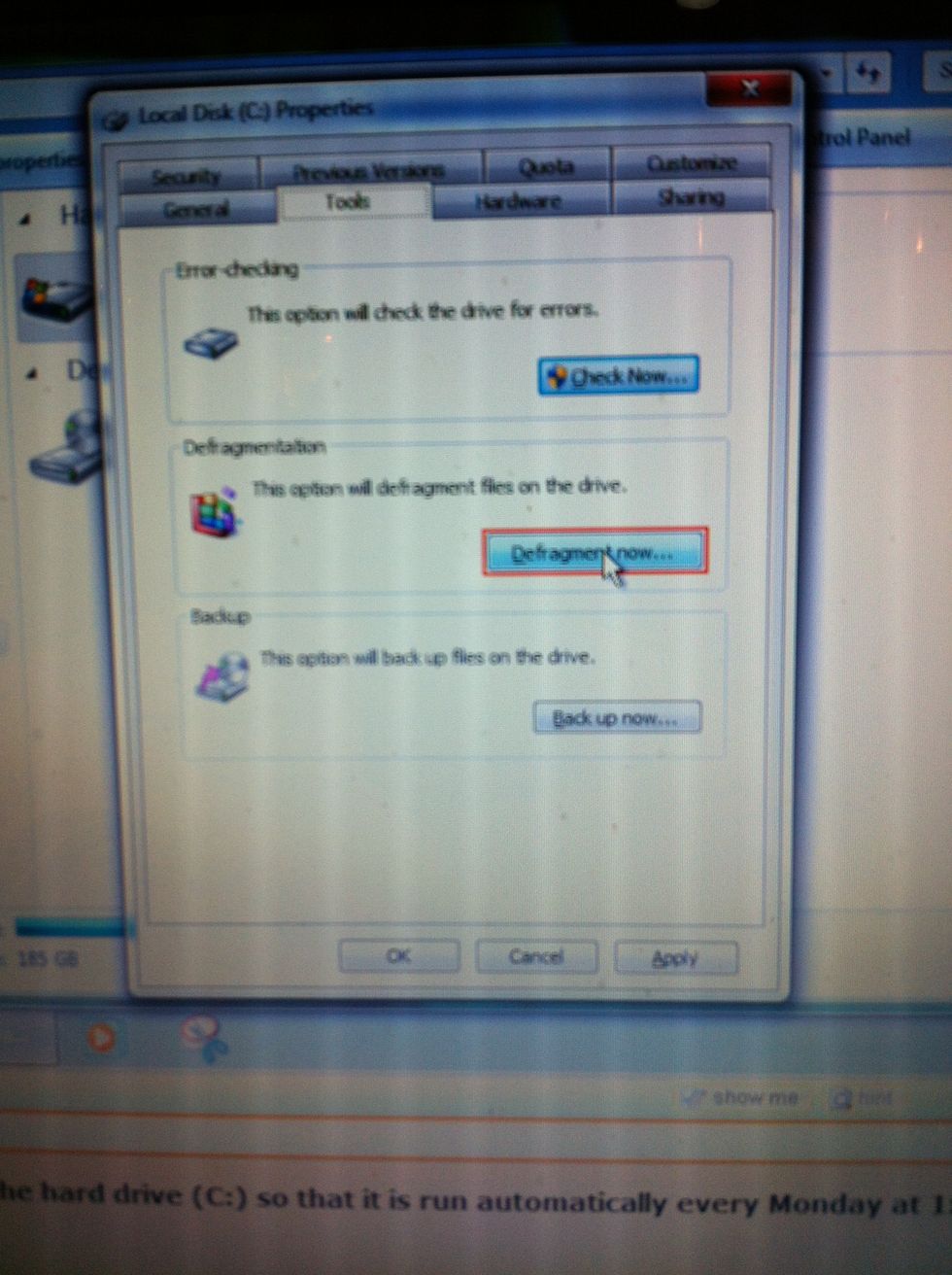 Click the Defragment now button.