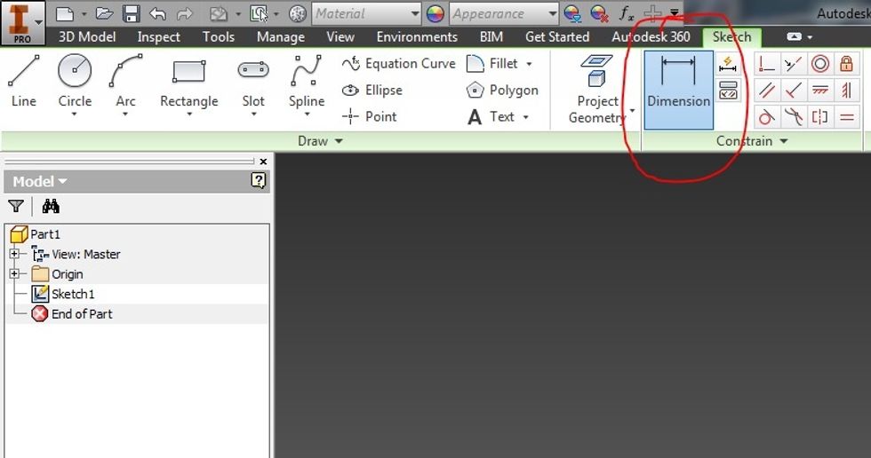 Click the dimension tool at the center of the top of the screen