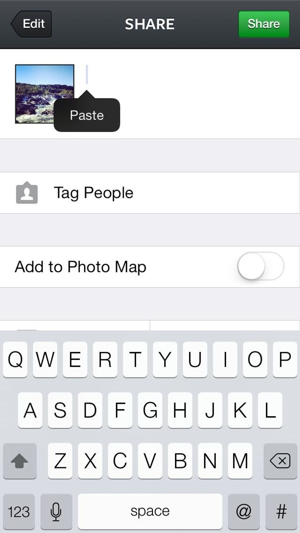Click the home button and go back to the Instagram App. Now paste the tags into the Caption box.