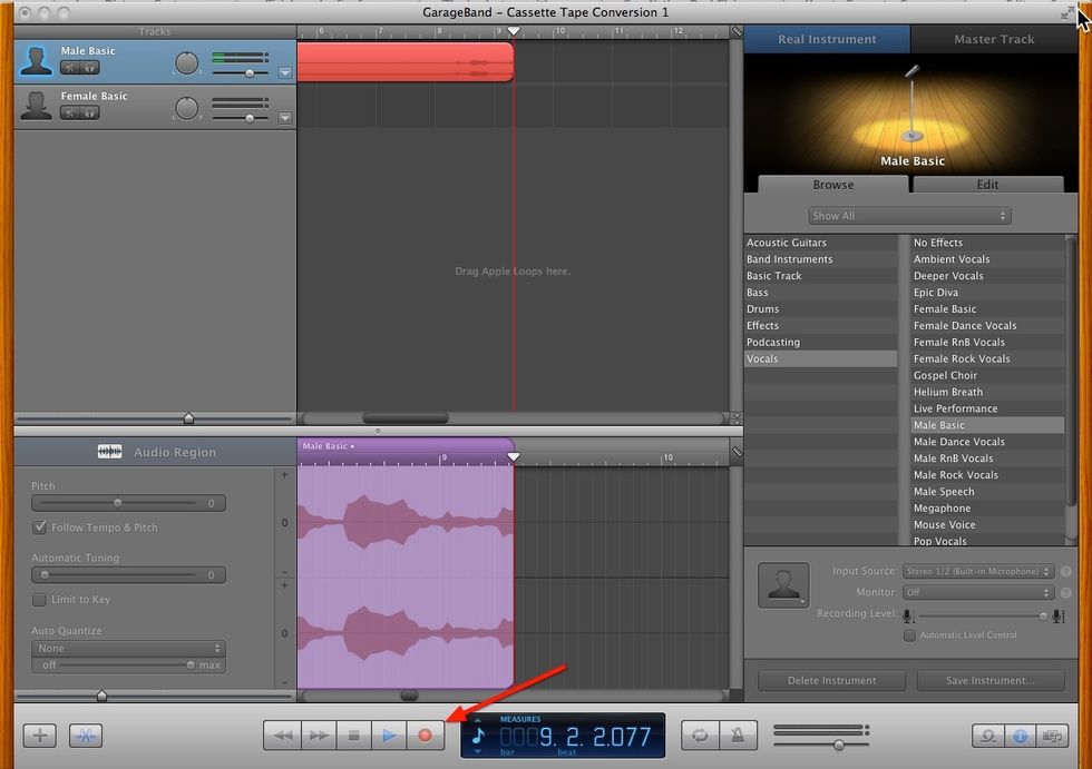 Click the red Record button in GarageBand, and immediately press play on the cassette stereo. Whatever audio signals are coming out of the cassette stereo are being recorded by GarageBand.