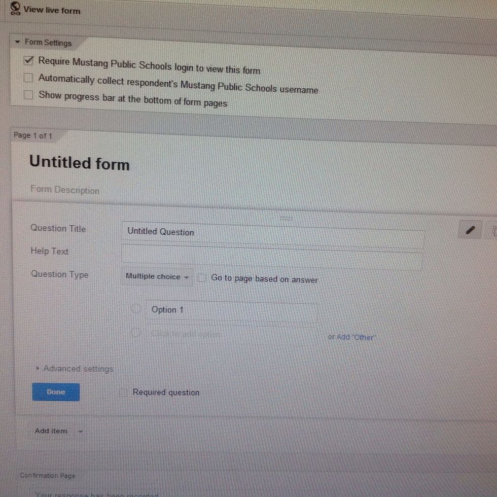 Click the Untitled form and name your quiz. Next to Question Title - write the first question. Help text - you can give more explanation if needed. Click the drop down to choose the Question Type.