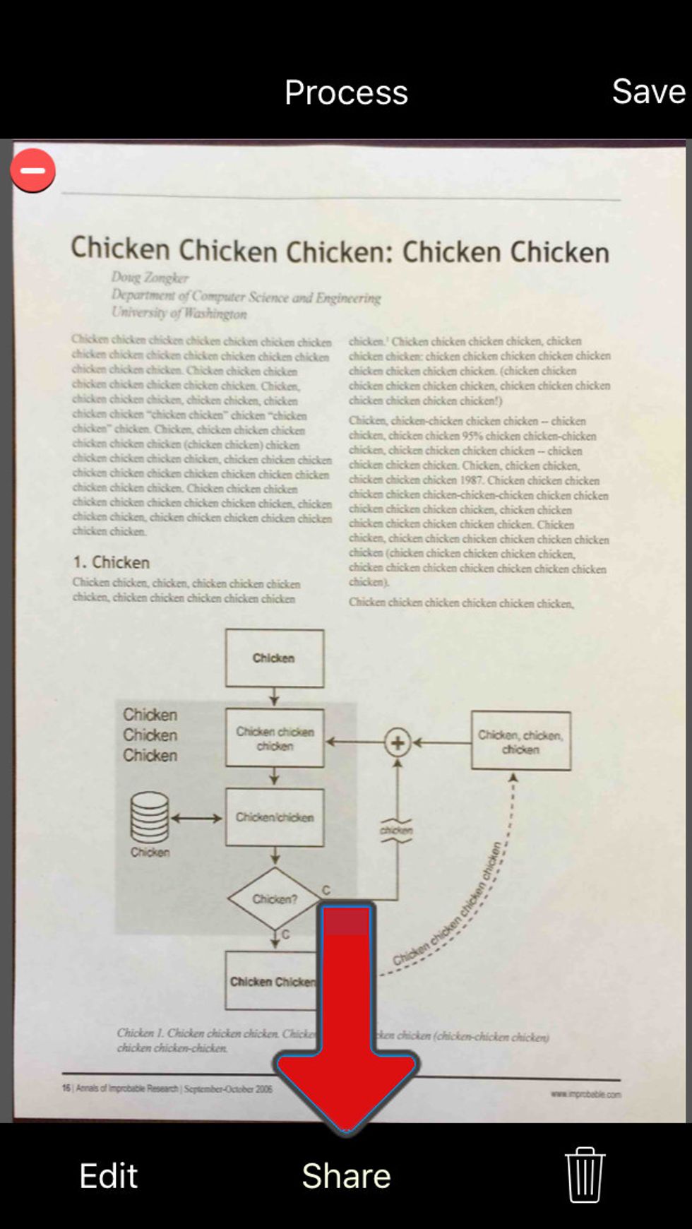 Click to "Share" to send the PDF file of all the scanned pages through email or message.