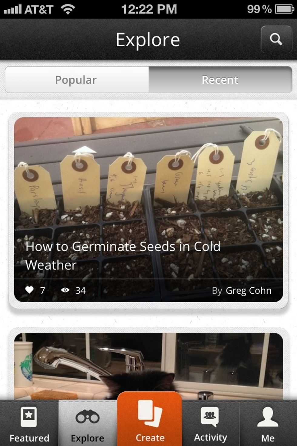 Click \u2018explore,\u2019 which is divided into Popular & Recent. Notice it uses a pull down to refresh feature. Explore uses vertical flicking for navigation, rather than horizontal. We liked horizontal.